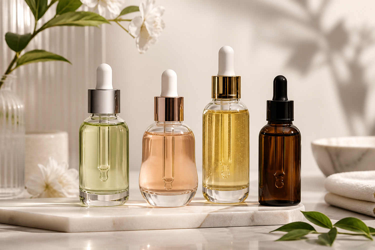 Four skincare serum bottles arranged on a light neutral surface with soft lighting and subtle botanical accents