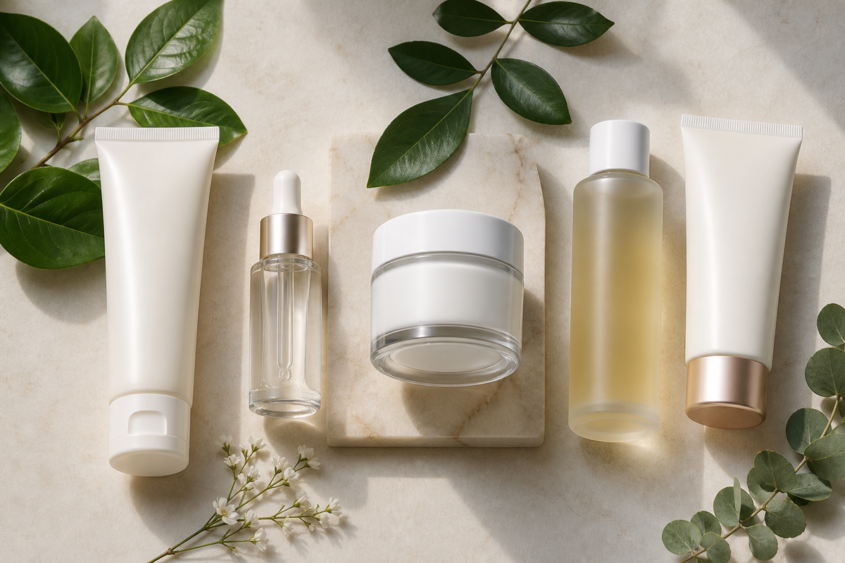 Flat lay of clean skincare products for aging skin including serum, moisturizer, cleanser, exfoliant, and sunscreen arranged on a light surface with botanical elements.