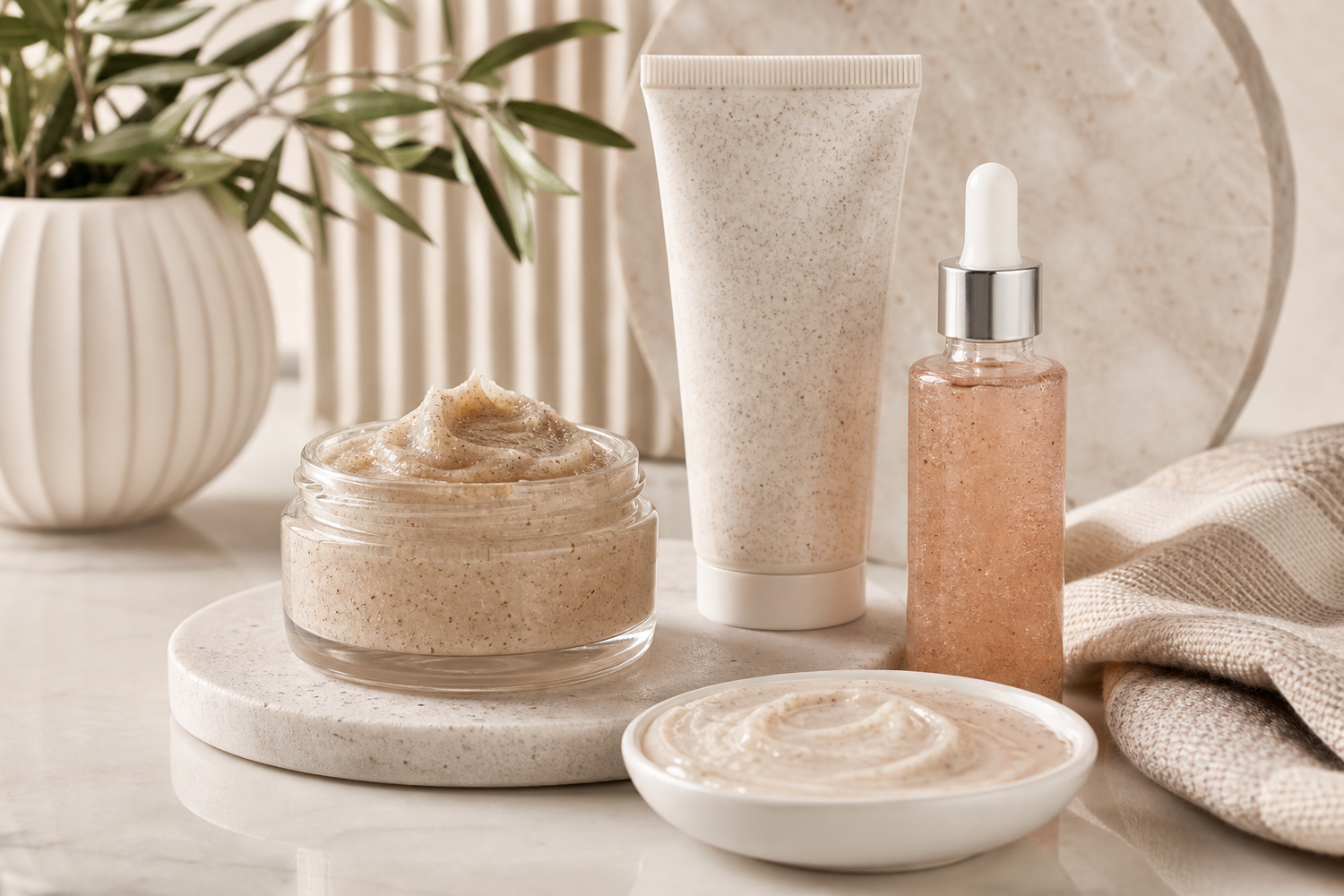 Exfoliating skincare products arranged on a light neutral counter with soft lighting.