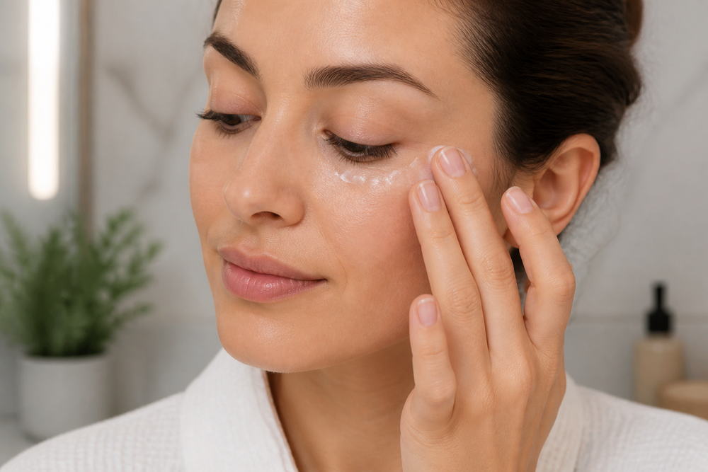 Person applying eye contour cream to the under-eye area in soft light