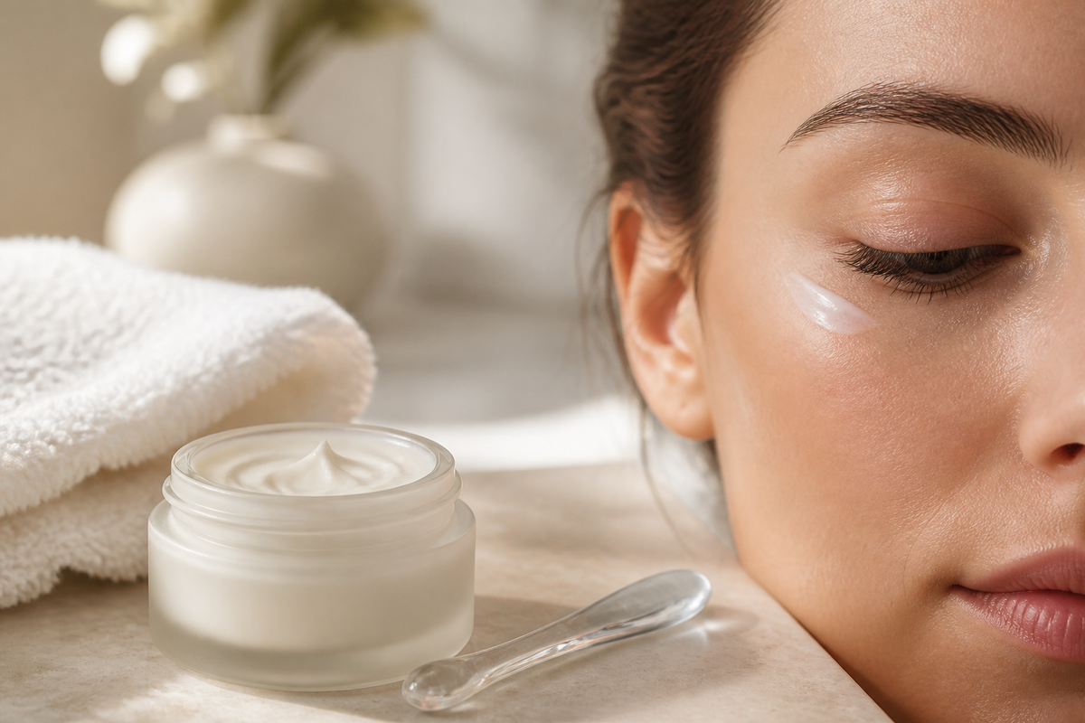 Eye cream jar with a towel and applicator beside a person's eye area in soft light.