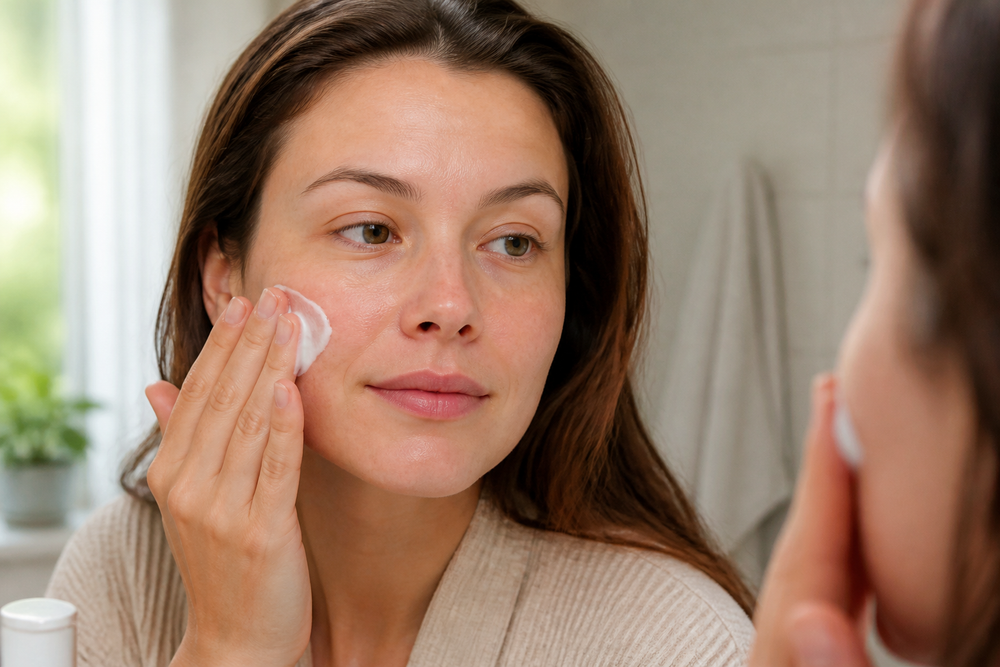 Close-up of a woman with calm sensitive facial skin applying a rich face cream in soft natural light