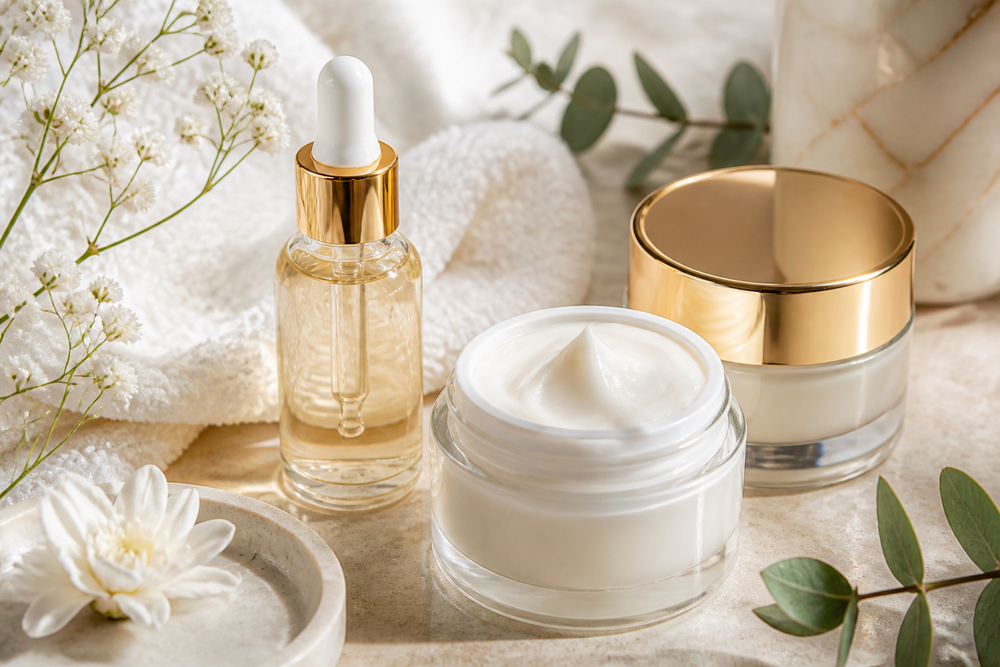 Face cream jars and a serum bottle on a light stone surface with a towel and botanical accents