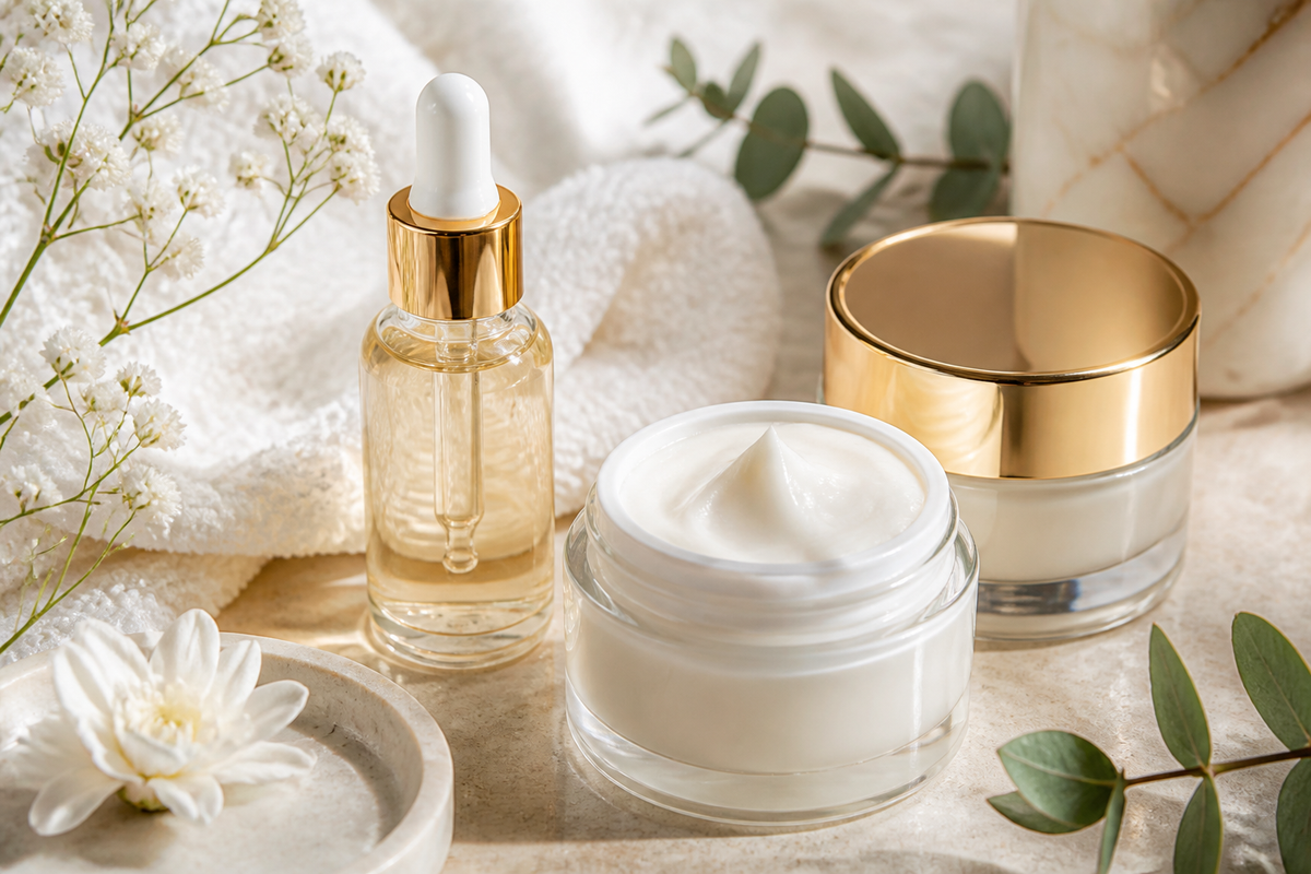 Face cream jars and a serum bottle on a light stone surface with a towel and botanical accents