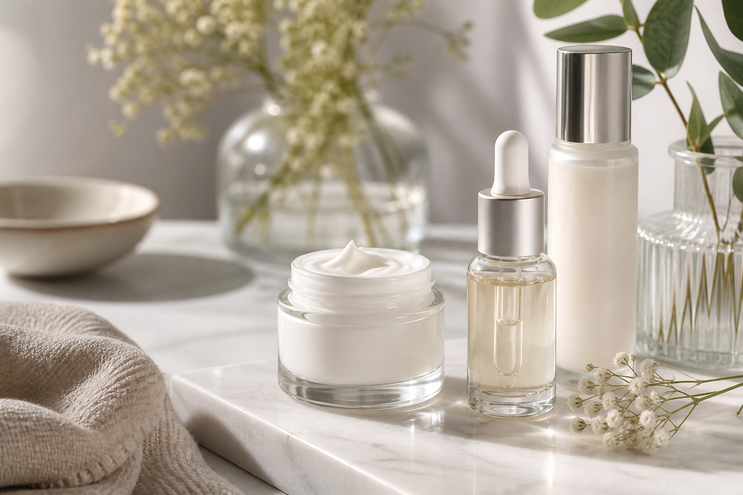Face moisturizer jars and serum bottles on a light neutral surface with soft lighting