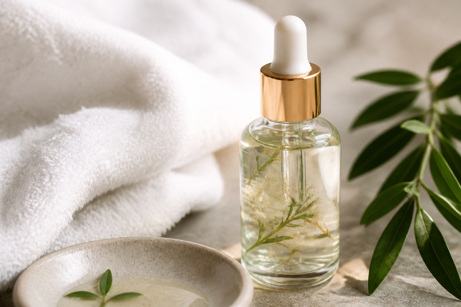 Glass dropper bottle of face oil on a neutral surface with a towel and green leaves
