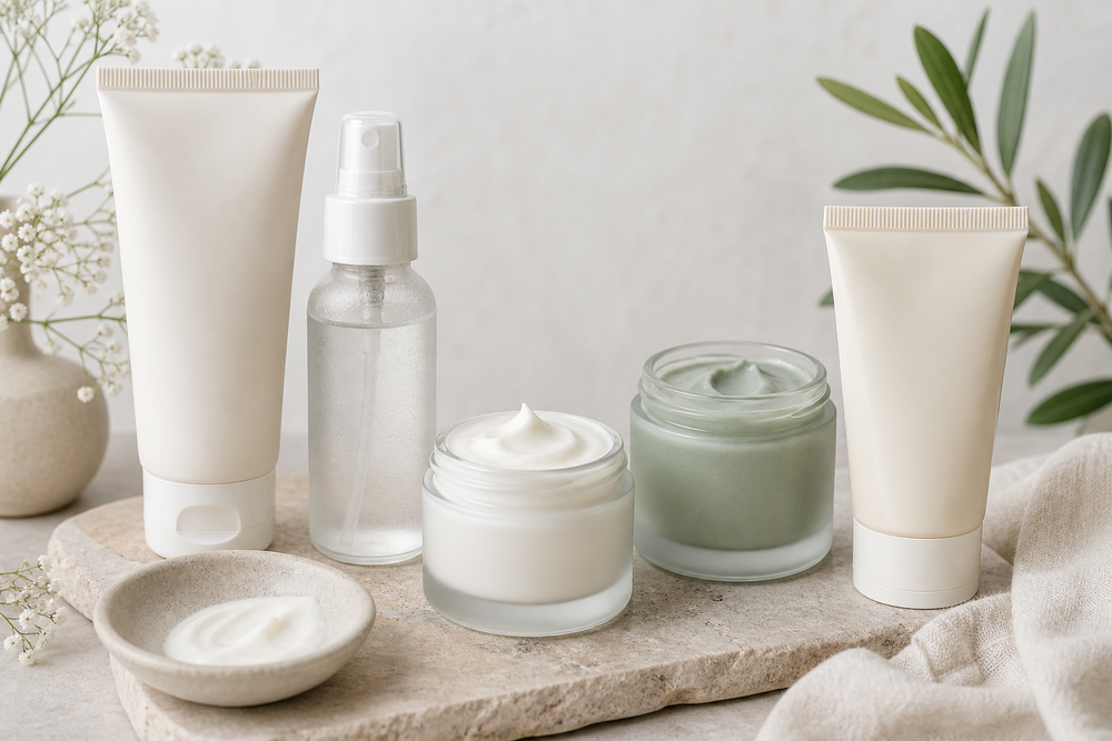 Five face skincare products for sensitive skin arranged on a light neutral surface.