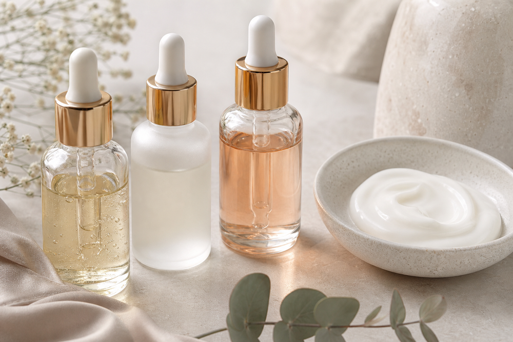 Three serum bottles and cream texture on a light neutral surface with soft botanical styling