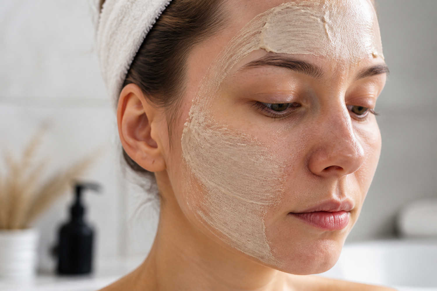Close-up of a creamy facial mask on dry, dull facial skin in soft lighting