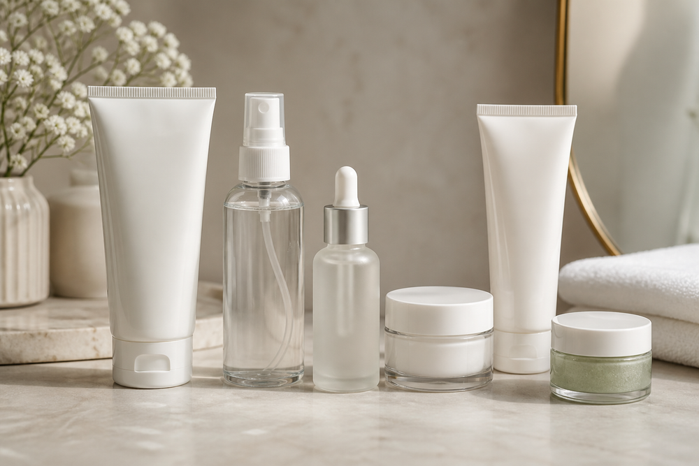 Facial skincare products for combination skin arranged on a neutral surface.