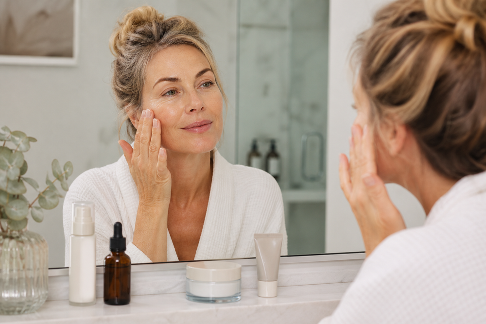 Woman over 40 applying facial skincare in front of a mirror with serum, moisturizer, and sunscreen on a vanity
