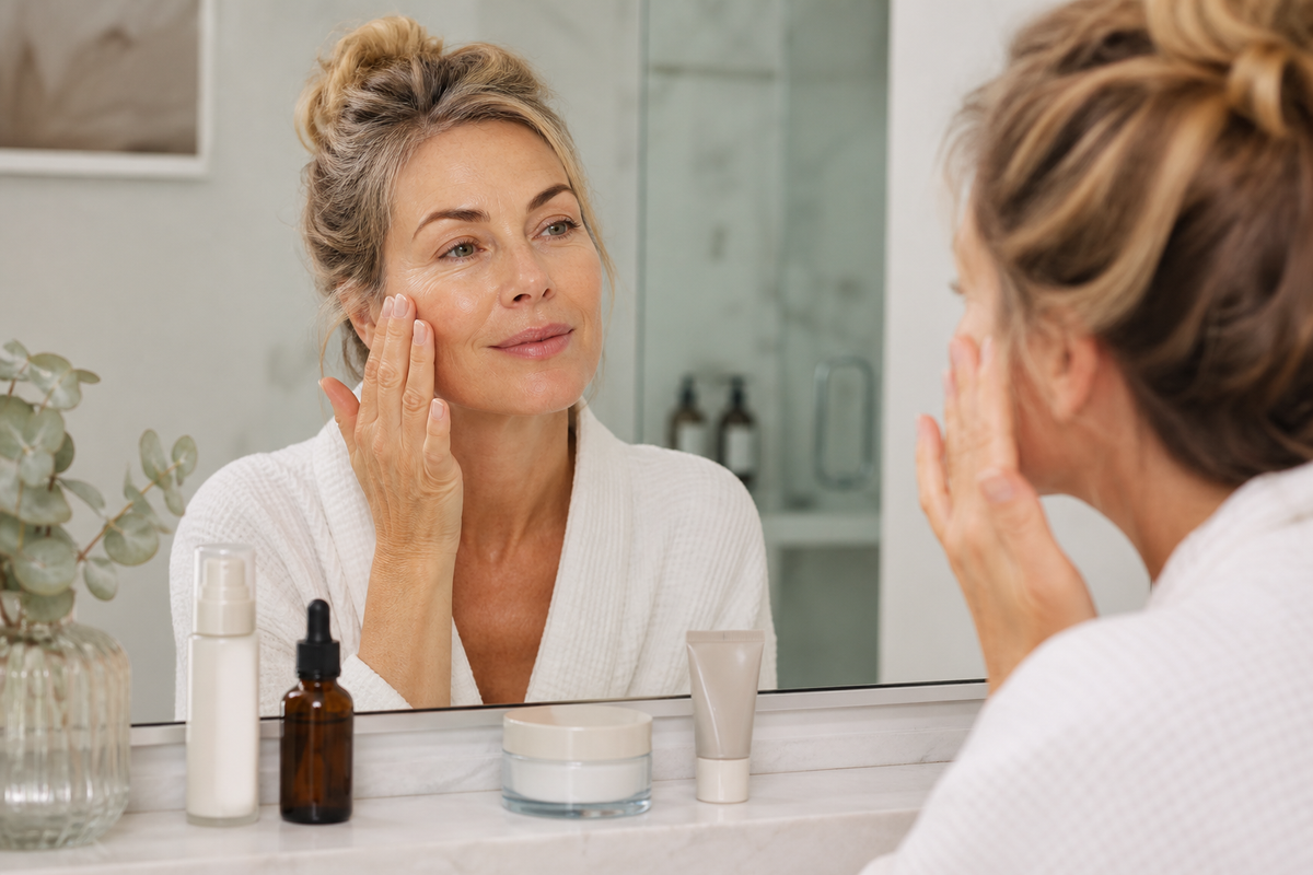 Woman over 40 applying facial skincare in front of a mirror with serum, moisturizer, and sunscreen on a vanity
