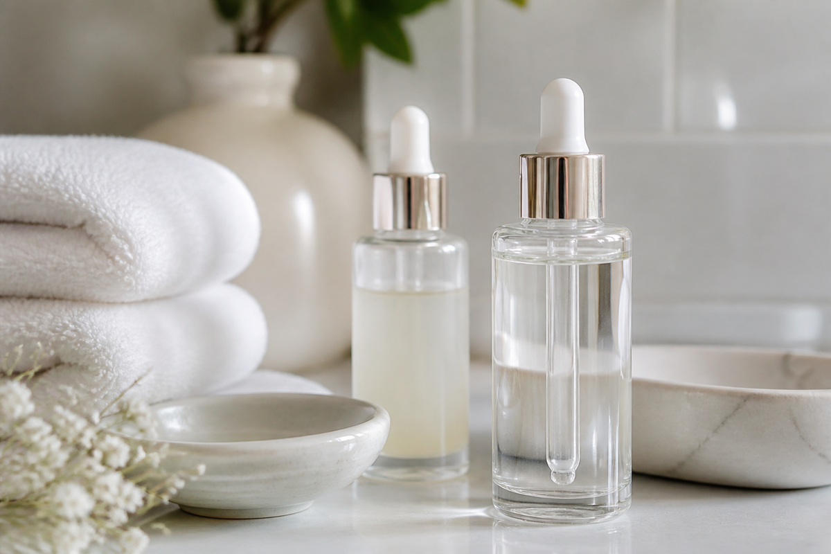 Facial serum bottles with droppers on a clean bathroom counter in soft light
