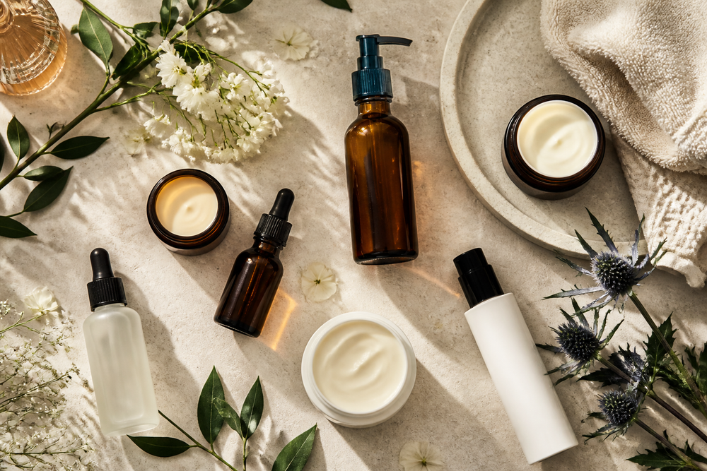 French skincare products arranged on a light stone surface with botanical elements and soft lighting