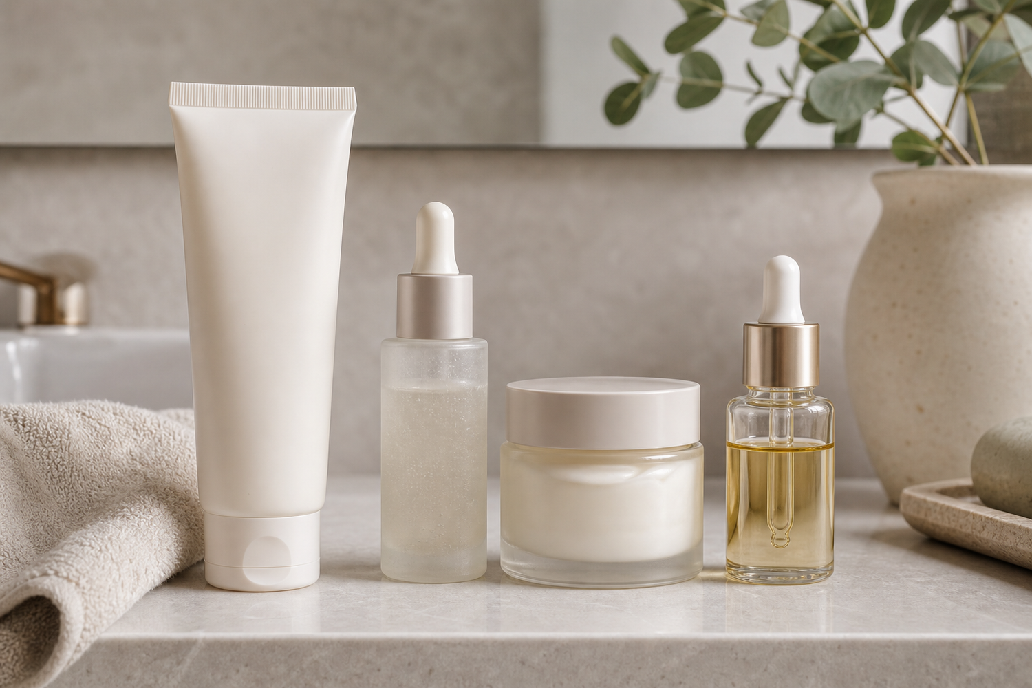 Gentle skincare products arranged on a bathroom counter for reactive skin
