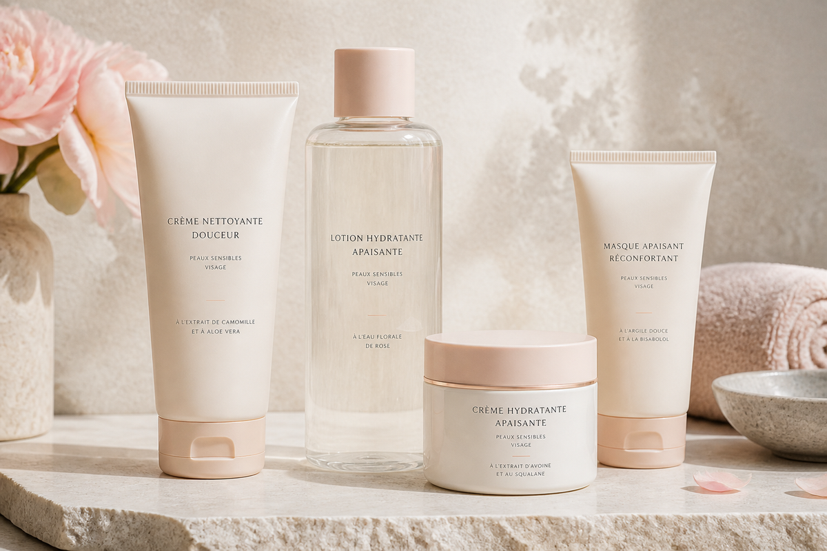 Cream cleanser, toner, moisturizer, and soothing mask arranged on a light stone surface.