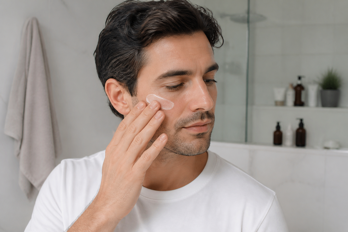 Man applying facial moisturizer to his face in a softly lit bathroom.
