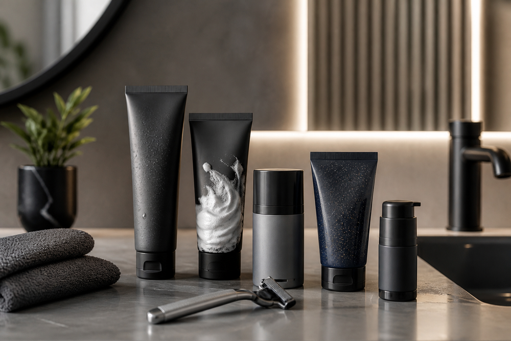 Men's face grooming products arranged on a bathroom counter with cleanser, shave cream, moisturizer, scrub, and eye gel.