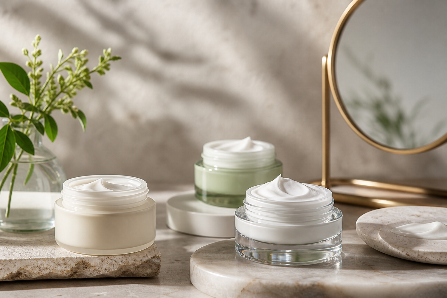Moisturizer jars and cream textures arranged on a clean vanity with soft lighting