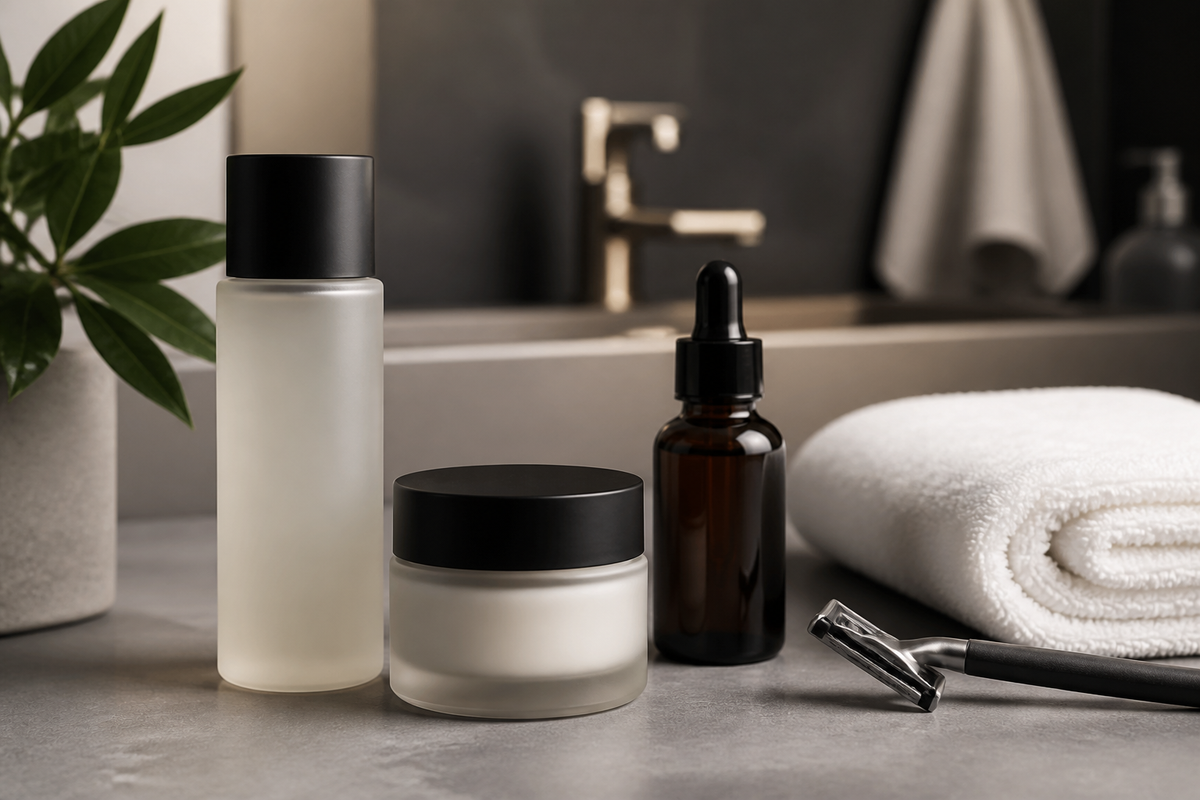 Men's moisturizer, serum, and shaving items arranged on a bathroom counter
