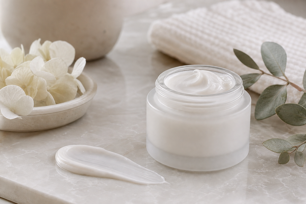 Moisturizer jar with cream swatch on a clean counter with soft botanical accents