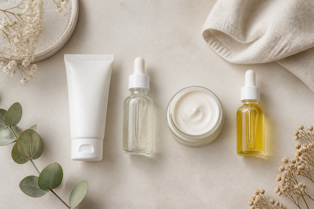 Gentle cleanser, hydrating serum, face cream, and botanical oil arranged on a neutral surface