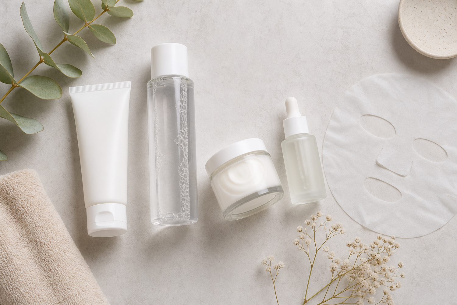 Gentle skincare products arranged on a light surface for a sensitive skin routine