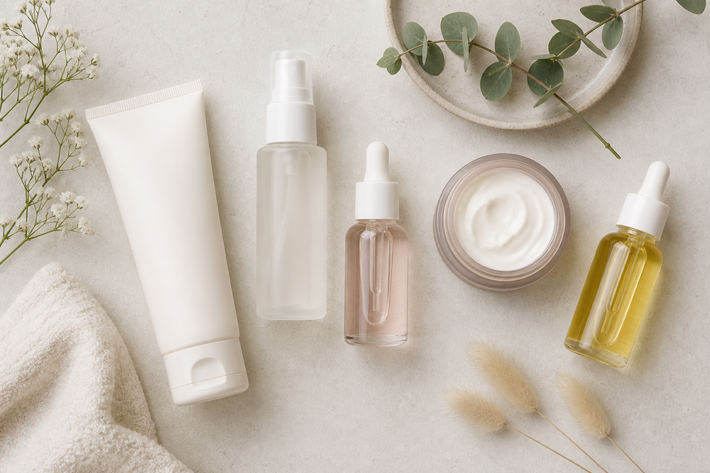 Cream cleanser, facial mist, serum, moisturizer, and facial oil arranged on a light surface
