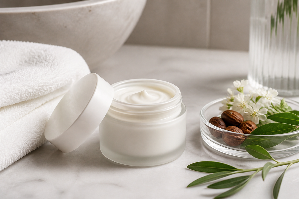 Open jar of night cream on a bathroom counter with a towel and botanical ingredients