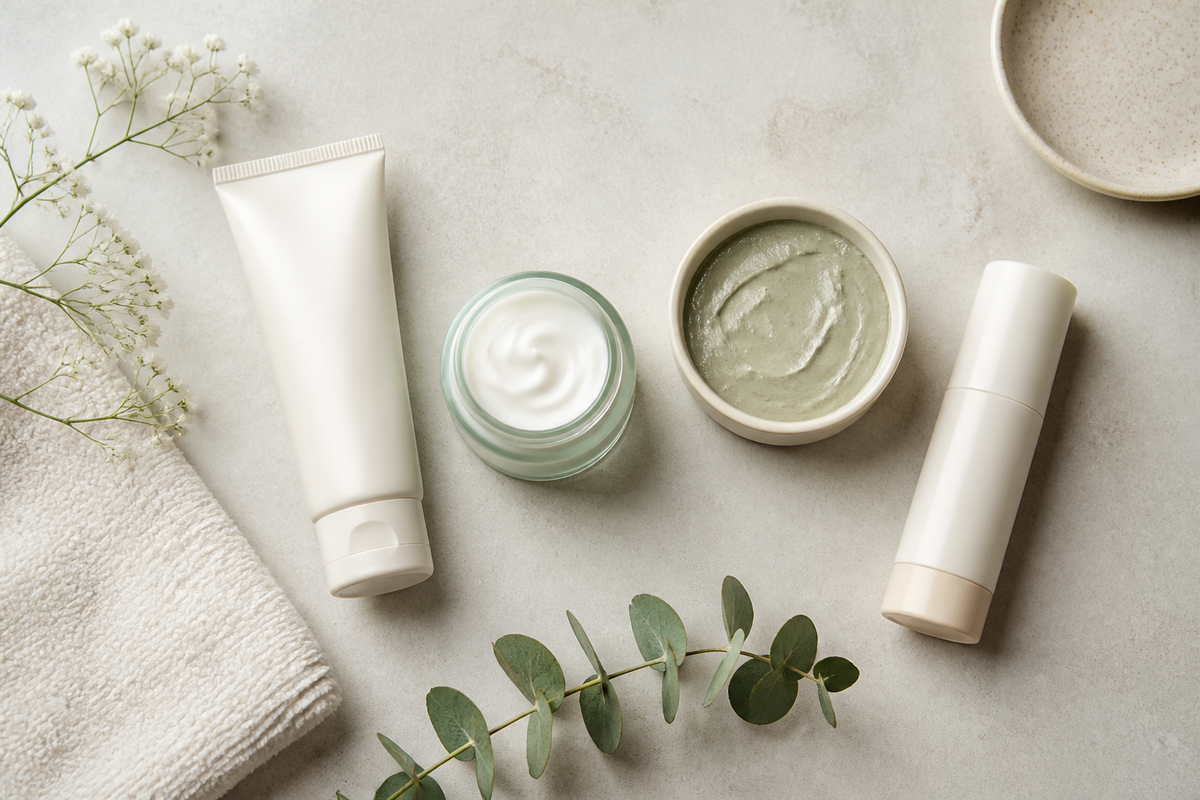Gentle skincare products for sensitive skin arranged on a neutral surface