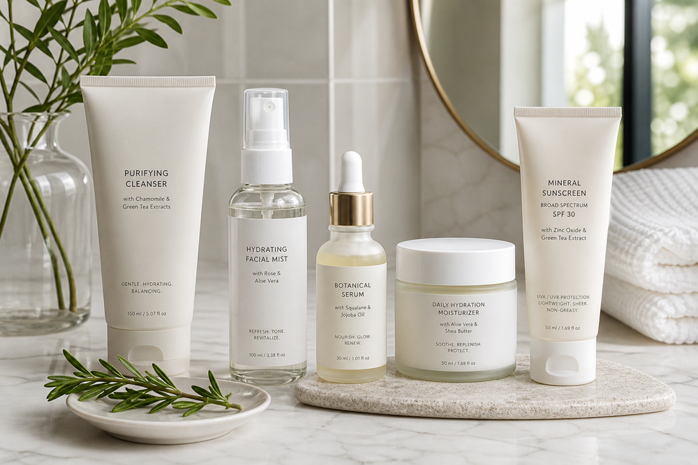 Plant-based skincare products for everyday use arranged on a light bathroom counter with green botanical accents.
