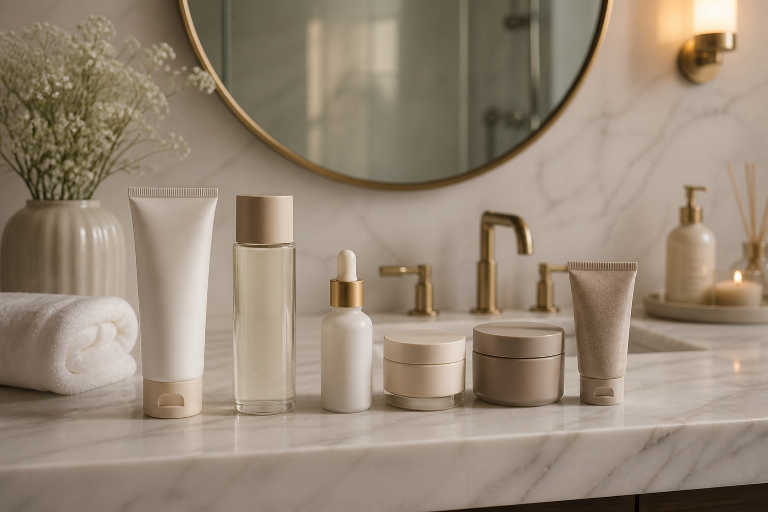 Professional skincare products arranged on a bathroom counter for an at-home routine.