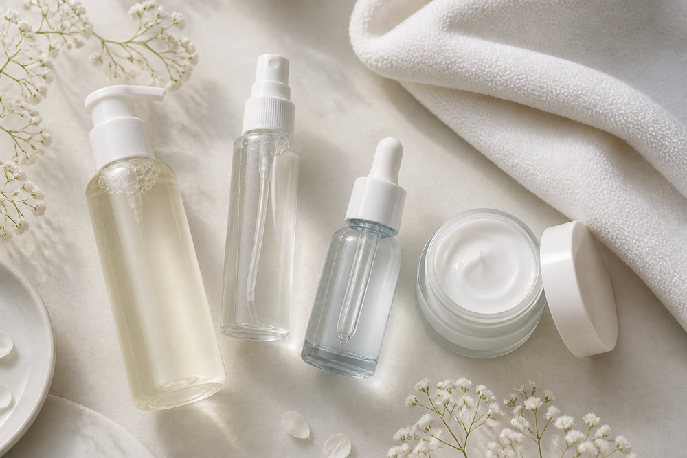 Gentle skincare routine products for sensitive skin arranged on a light neutral surface