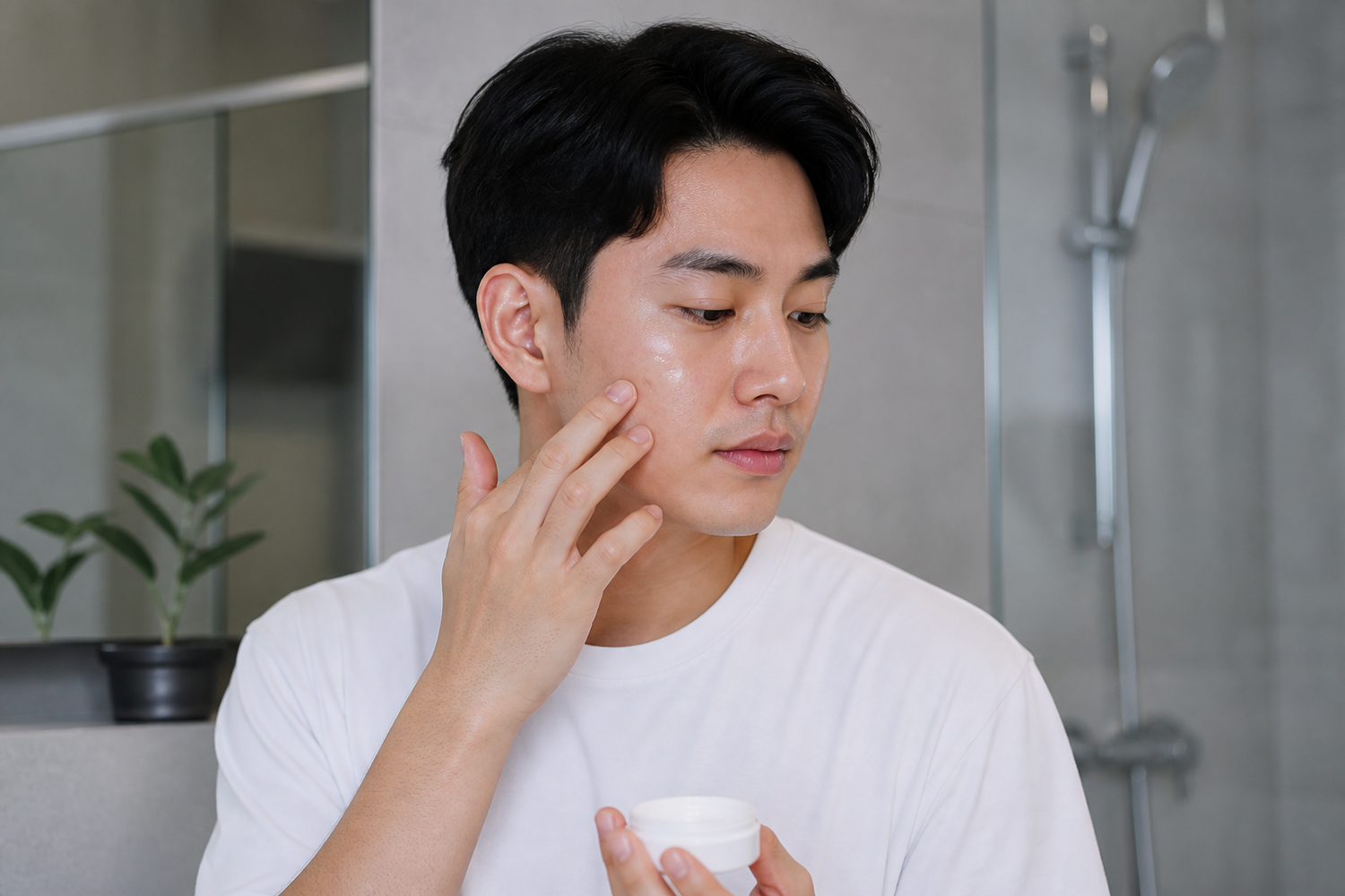 Man with oily skin using lightweight facial skincare products in a bathroom.