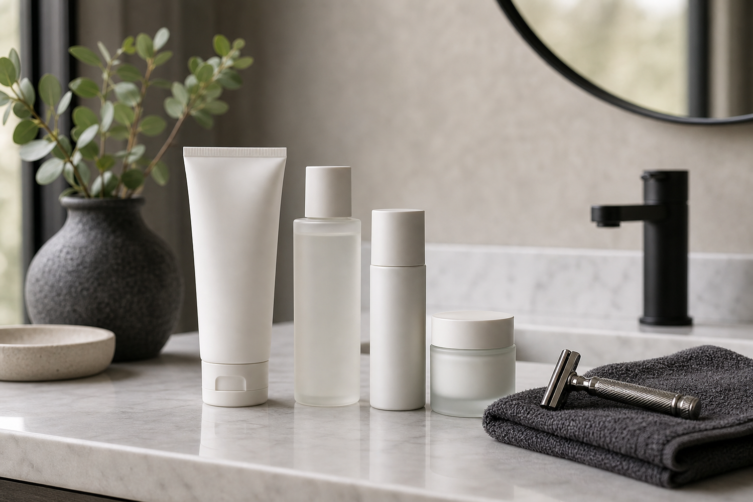 Men's skincare products for sensitive skin on a bathroom counter next to a razor and towel.