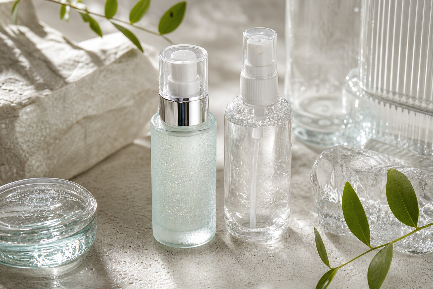 Lightweight skincare products arranged on a pale stone surface with soft lighting