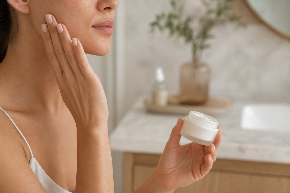 Person with sensitive facial skin holding a moisturizer jar in a softly lit bathroom.