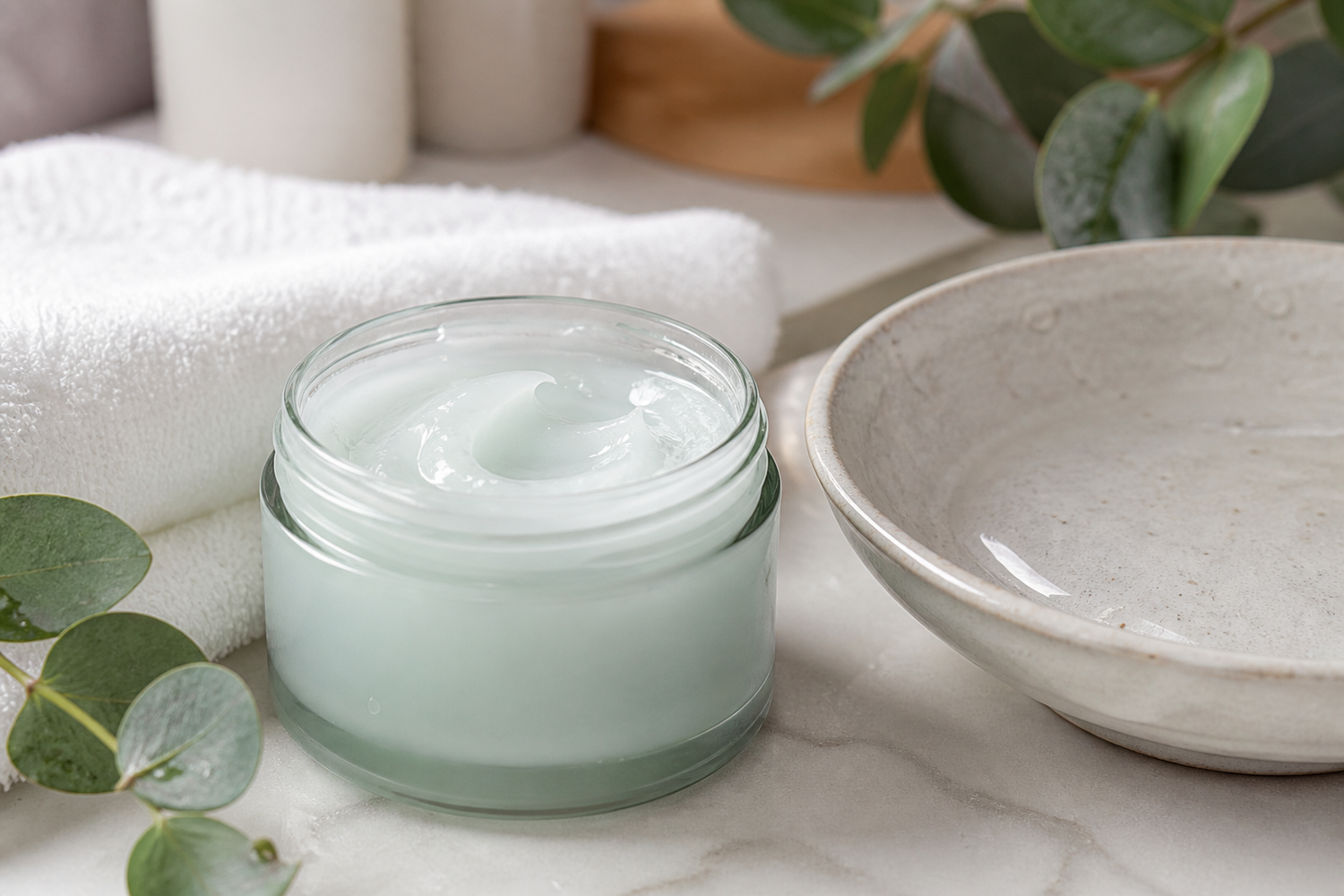 Open jar of hydrating face mask beside a towel and botanical leaves on a clean bathroom surface