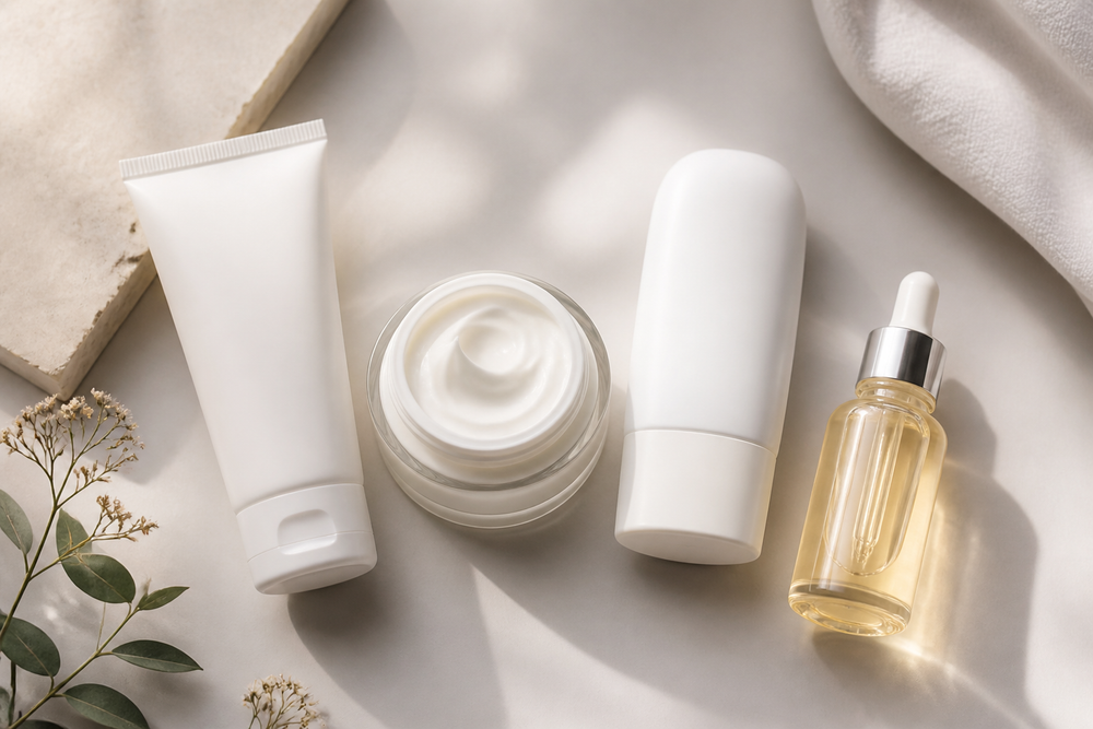 A cleanser, moisturizer, sunscreen, and serum arranged on a light surface.