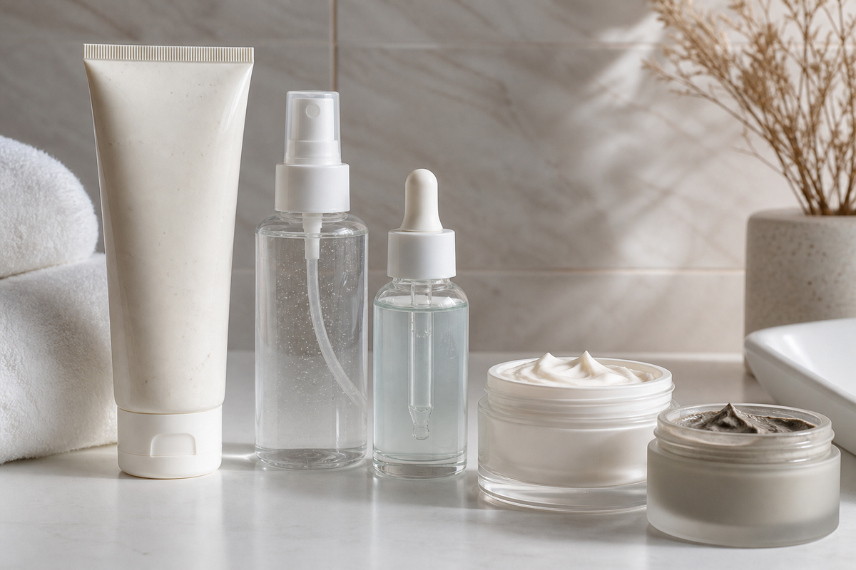 Cream cleanser, hydrating toner, serum, face cream, and mask arranged on a bathroom counter.