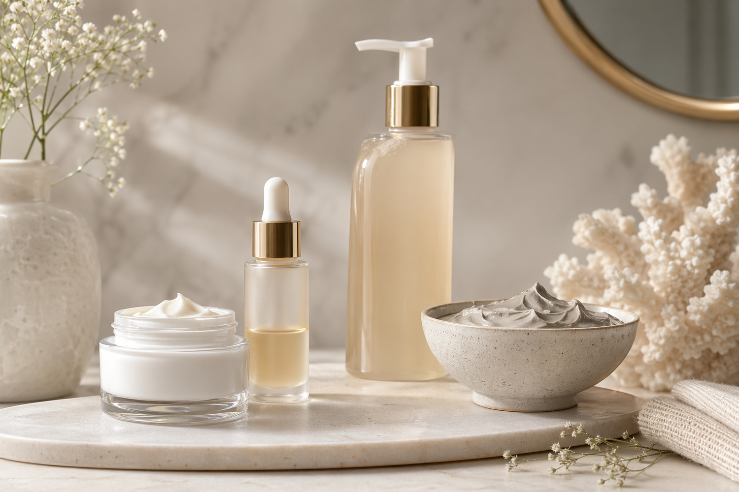 A cleanser, serum, cream, and mask arranged on a light bathroom counter for a dry skin skincare routine.