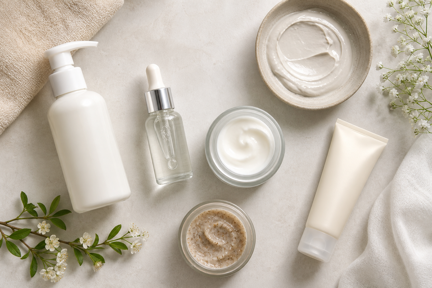 Skincare products arranged on a light surface including cleanser, serum, moisturizer, exfoliator, mask, and sunscreen