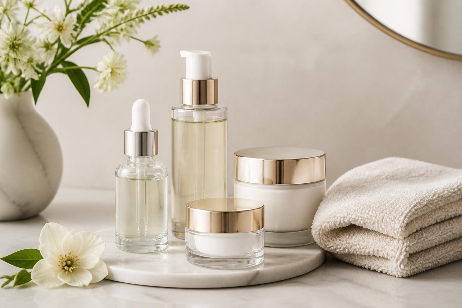 Skincare products arranged on a light neutral vanity for a mature skin routine.