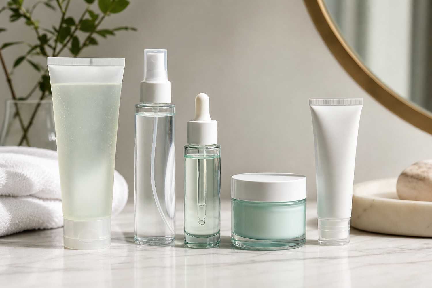 Clean skincare products for an oily skin routine arranged on a neutral surface.