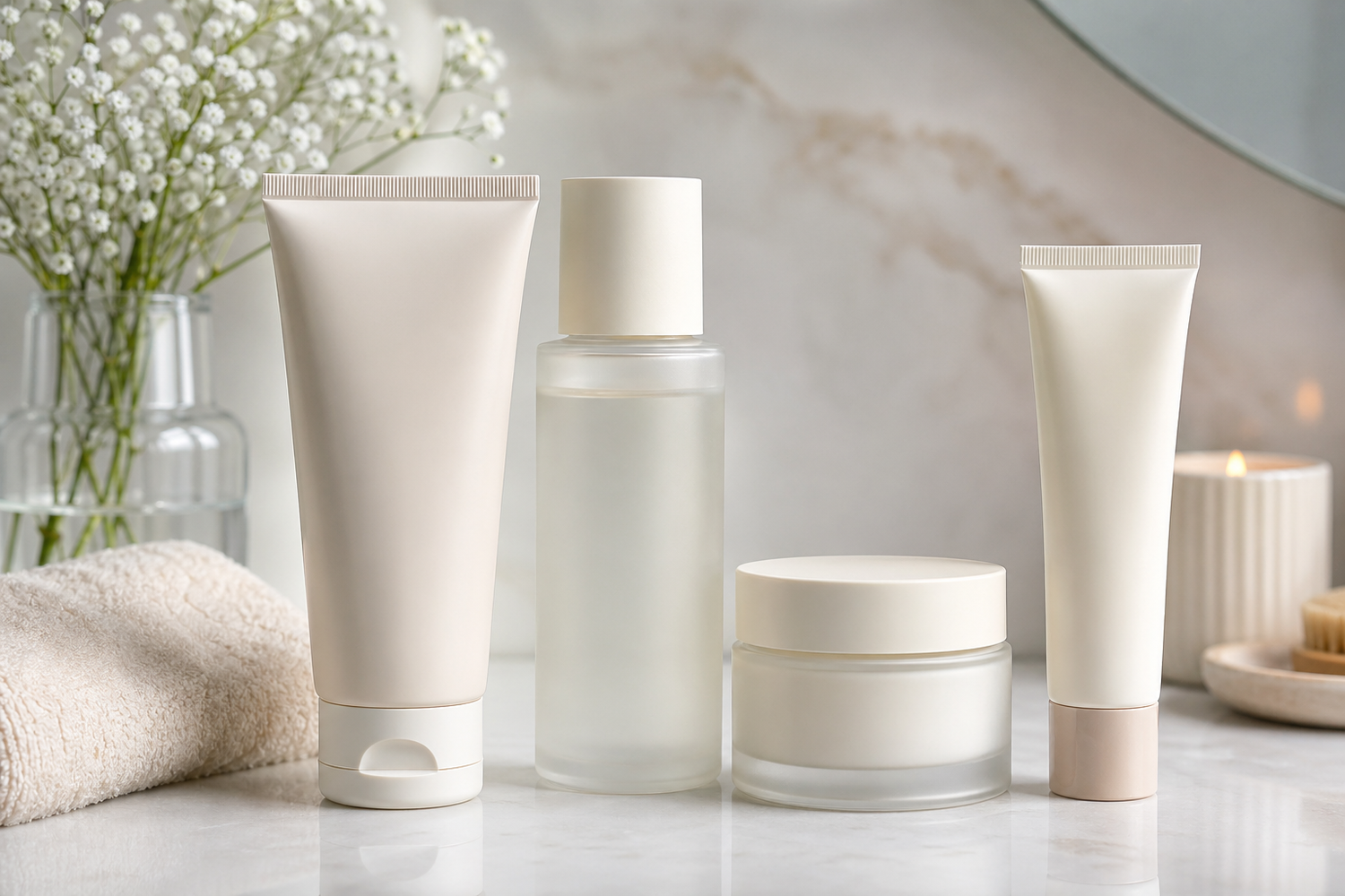 Gentle skincare products for sensitive skin arranged on a bathroom counter.