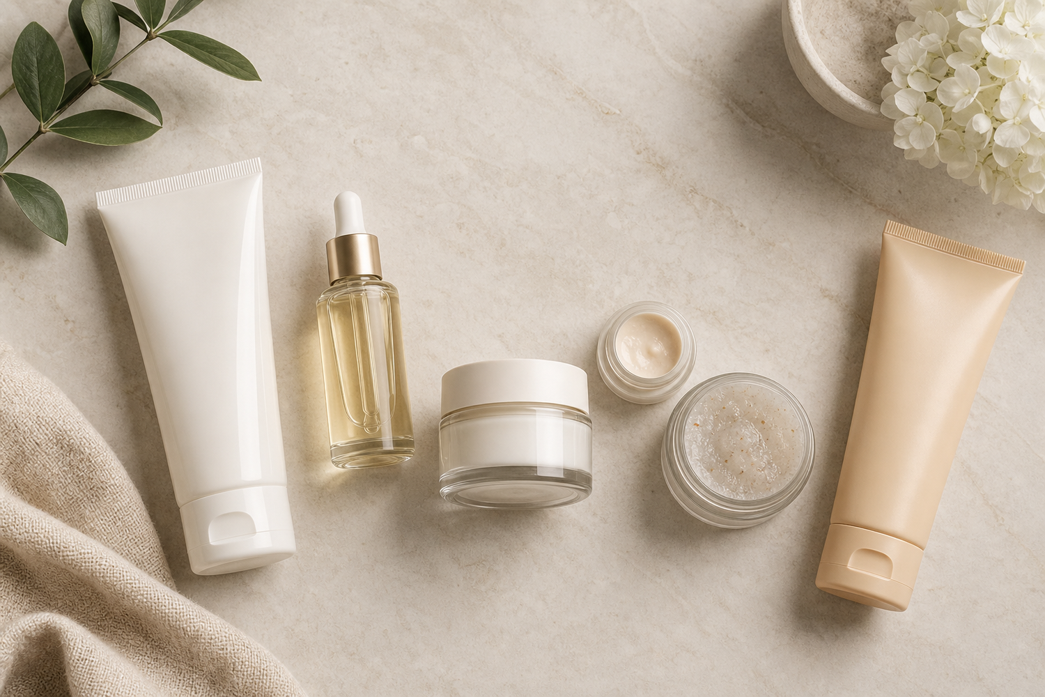 Skincare products including cleanser, serum, moisturizer, eye cream, exfoliant, and sunscreen arranged on a light surface