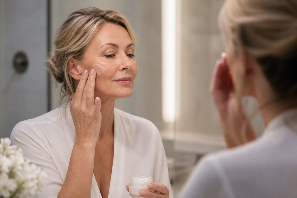 Woman over 40 applying facial moisturizer in a softly lit bathroom