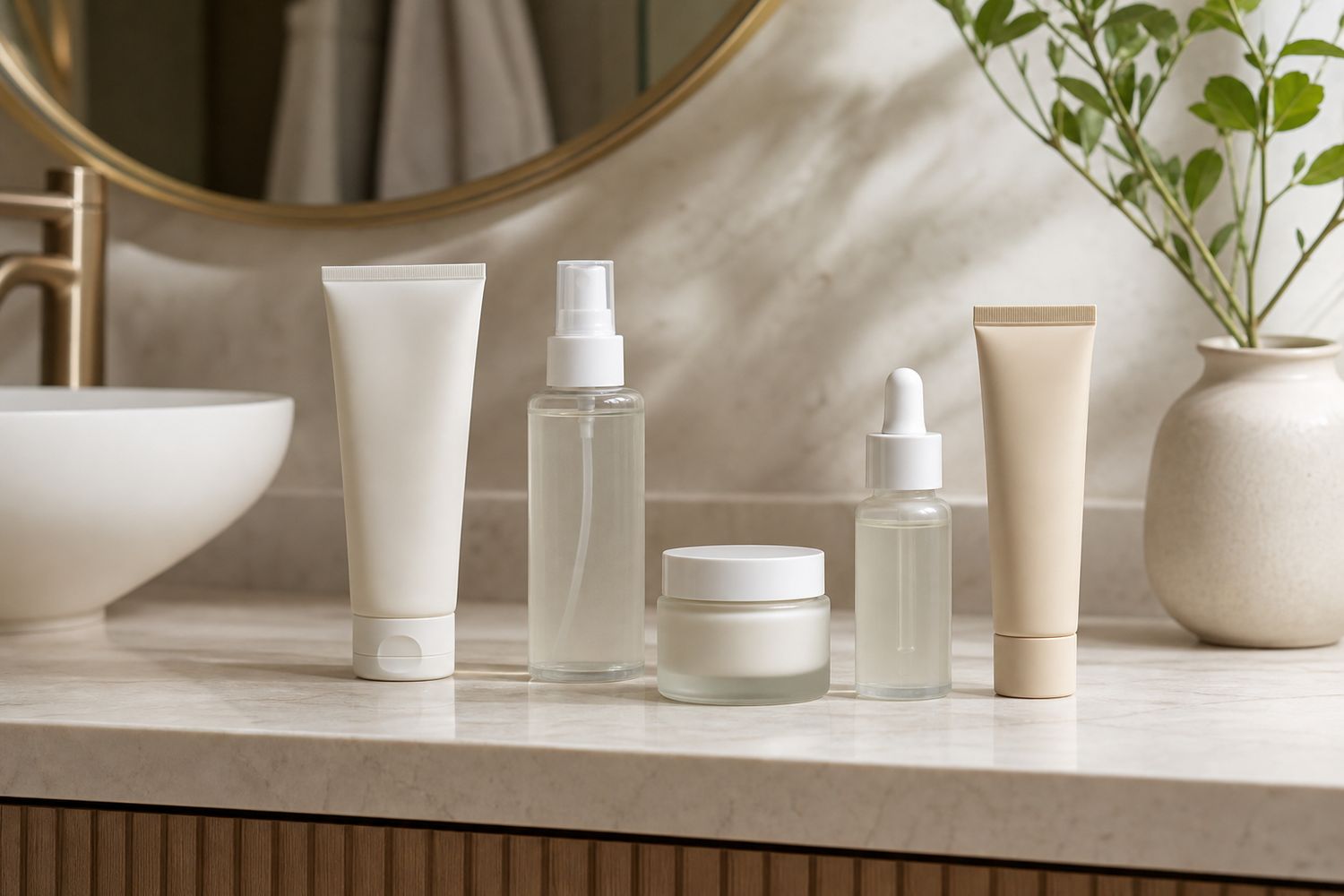 A small set of skincare products arranged on a bathroom counter for a beginner routine
