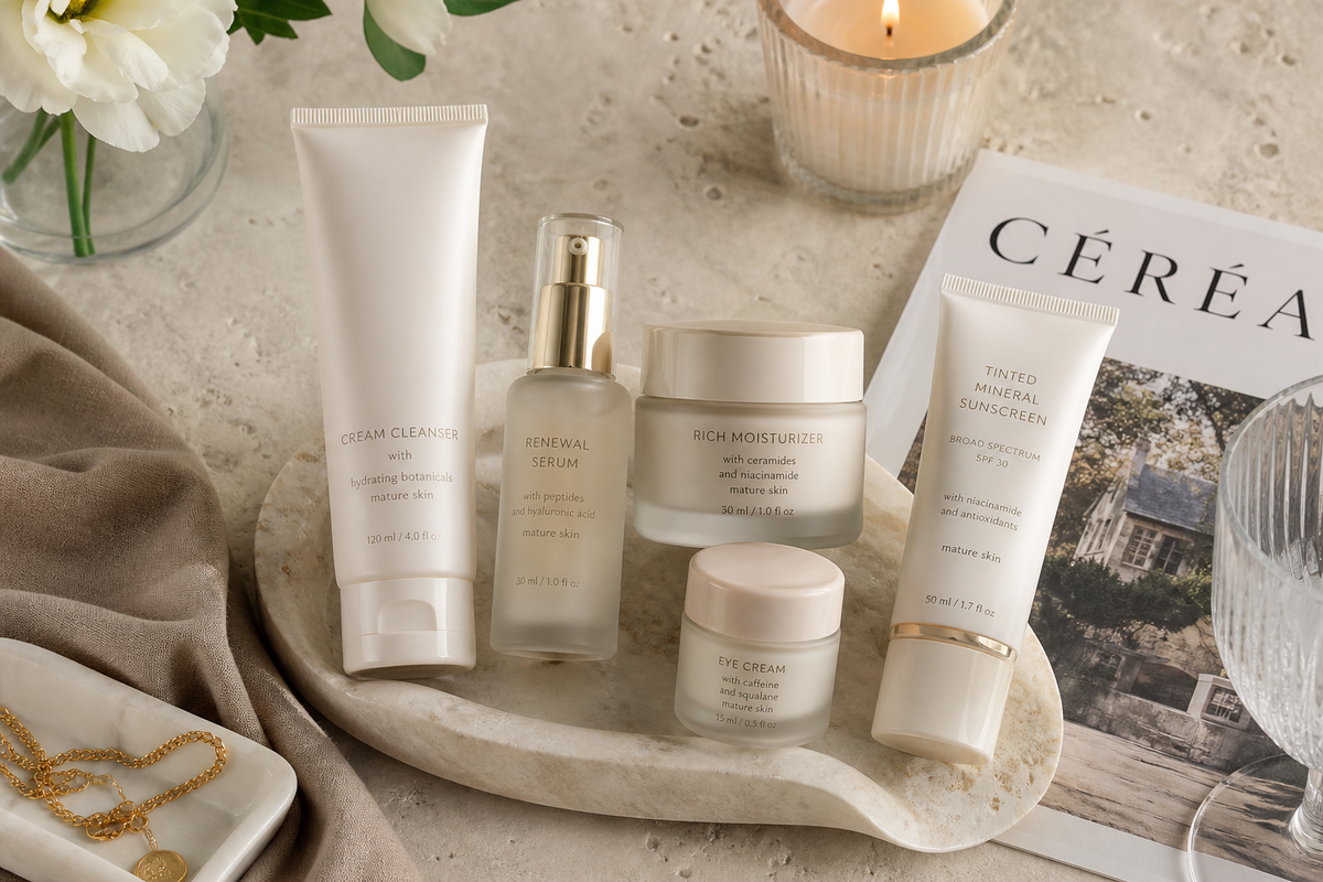 A skincare set arranged with cleanser, serum, moisturizer, eye cream, and sunscreen on a light surface.