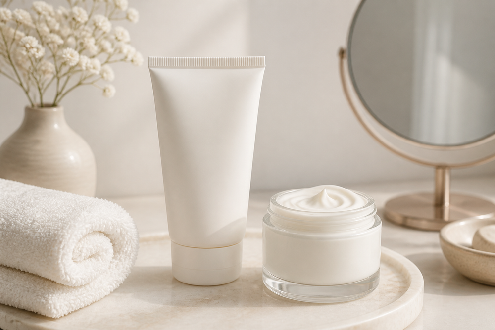 Mineral sunscreen and gentle skincare products on a light bathroom counter